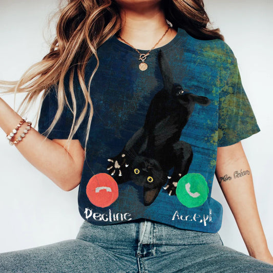 Women's Abstract Creative Cute Black Cat Calling Art Print T-shirt elevenforest