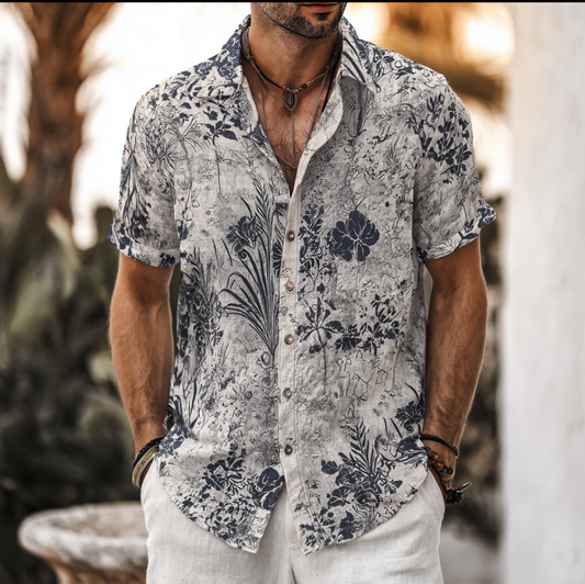 Bohemian Style Plant And Flower Pattern Men's Retro Cotton And Linen Shirt artswardrobe