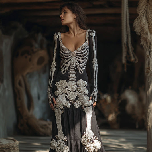 Comstylish Vintage Skeleton White Floral Beaded Linen Maxi Dress