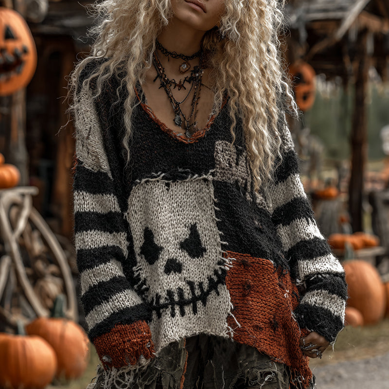 Halloween Evil Face Art Cozy Knit Sweater artswardrobe