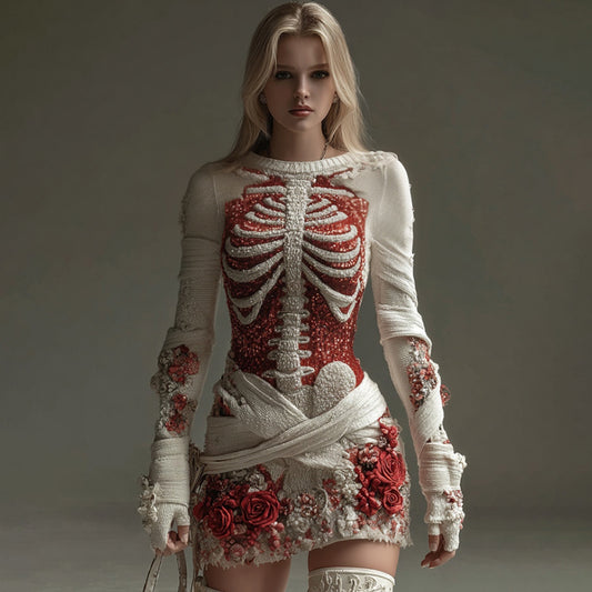 Comstylish Women's Halloween Skeleton And Rose Art Round Neck Mini Skirt