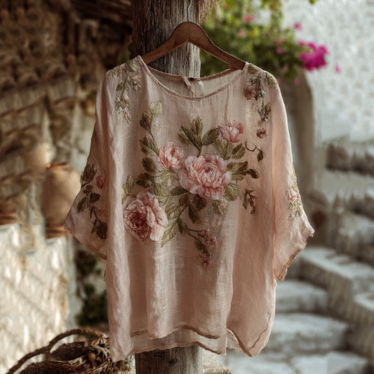 Vintage Pink Floral Art Pattern Linen T-shirt artswardrobe