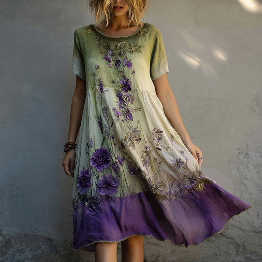Purple Floral Embroidered Gradient Flowy Linen Midi Dress artswardrobe
