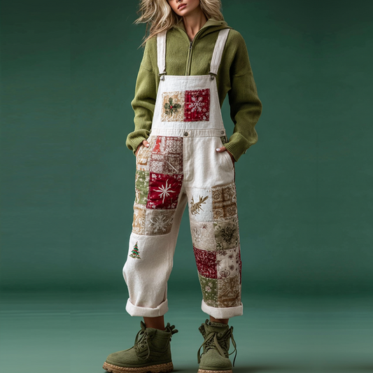 Comstylish Retro Christmas Elements Patch Printed Women's Overalls
