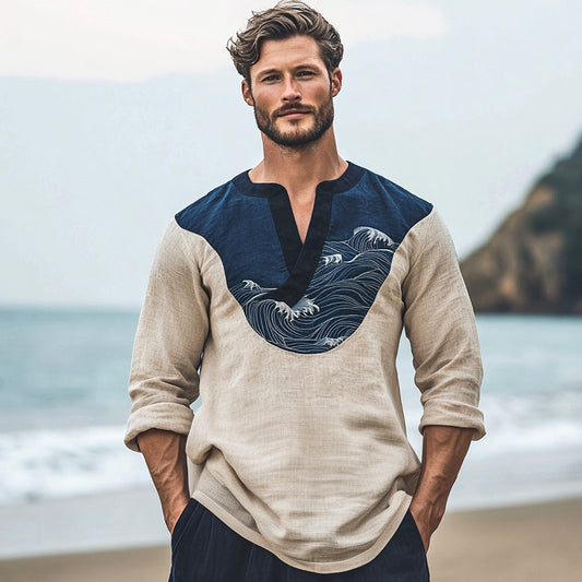 Men's Vintage Waves Patchwork Japanese Art Linen V-neck Shirt artswardrobe