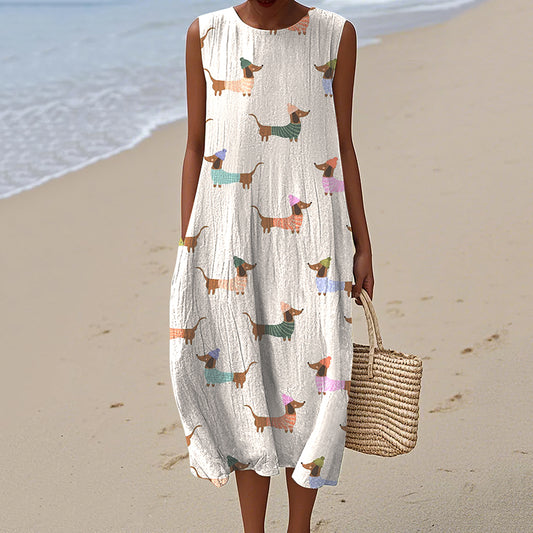 Comstylish Retro Cute Dachshund Dog Art Linen Tank Midi Dress