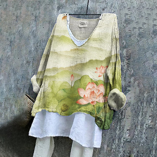 Comstylish Vintage Flowers Art Linen Blend Tunic