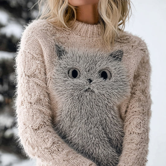 Cute Fuzzy Cat Embroidered Crew Neck Cozy Sweater