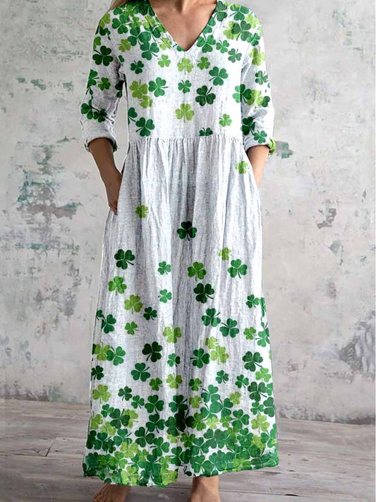 Women's V-Neck Clover PatternlPrint Pattern Cotton And Linen Dress