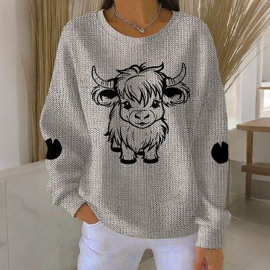 Women's Highland Cow Print Crew Neck Long Sleeve Sweatshirt artswardrobe