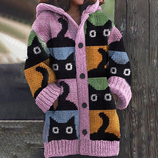 Vintage Cute Black Cats Pattern Cozy Hooded Cardigan elevenforest