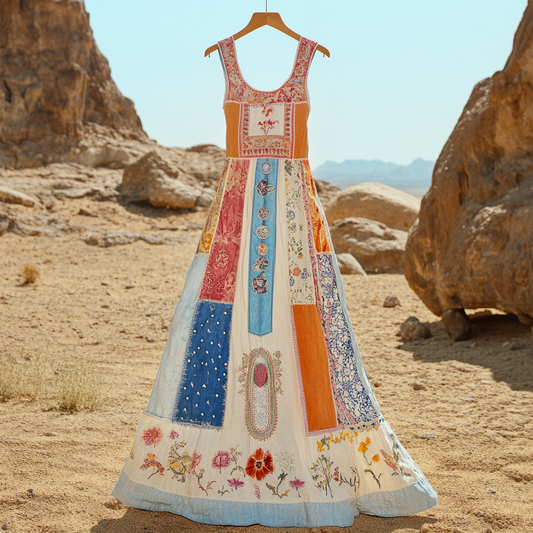 Comstylish Women's Vintage Tribal Floral Patch Cotton And Linen Dress