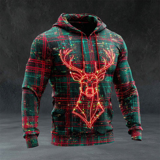 Comstylish Glowing Christmas Elk & Plaid Art Men's Hooded Sweatshirt