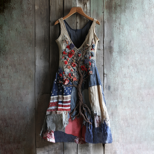Women's Vintage Independence Day Tree Of Life Embroidered V-neck Tank Midi Dress artswardrobe