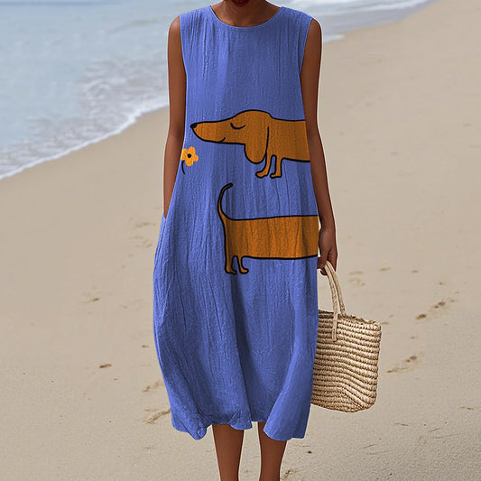 Comstylish Women's Retro Dachshund Dog Art Print Crew Neck Tank Midi Dress