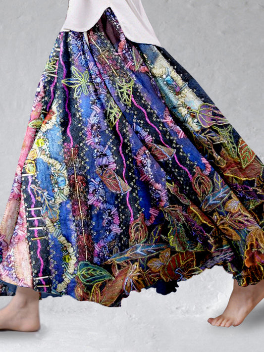 Vintage Floral Embroidered Flowy Linen Blend Wide Skirt artswardrobe