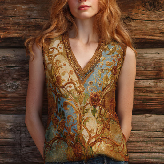 Bohemian Three-dimensional Bronzing Western-style Flower Embroidery Pattern Vintage V-neck Sleeveless Top artswardrobe