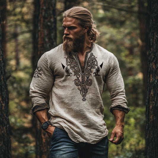 Vintage Viking Celtic Mythology Linen Blend Loose V-neck Shirt artswardrobe