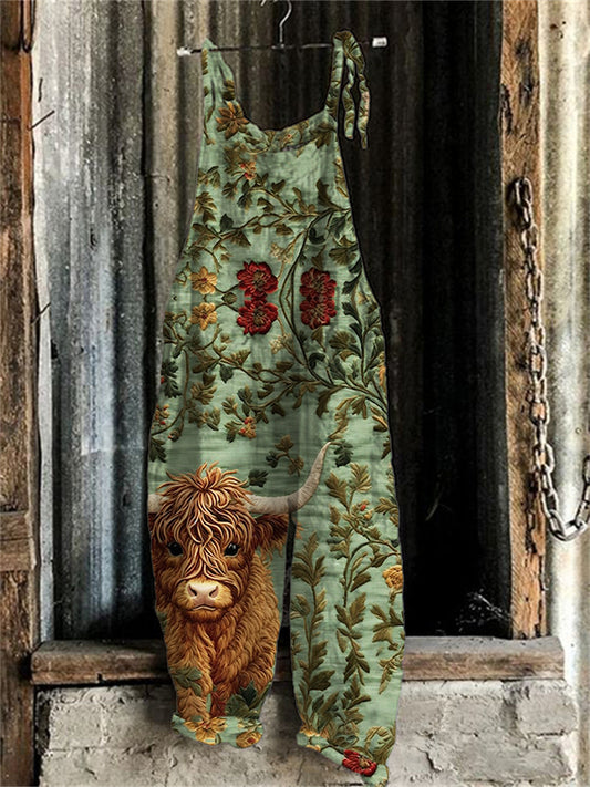 Highland Cow Floral Embroidery Pattern Jumpsuit artswardrobe