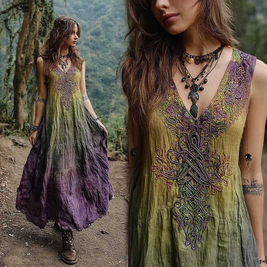 Vintage Viking Tribal Celtic Knot Art Linen V-neck Maxi Dress artswardrobe