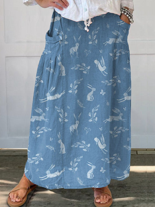 Spring Woodland Rabbit Repeat Pattern Printed Women's Linen Pocket Skirt