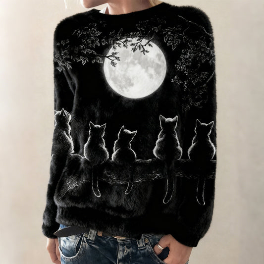 Comstylish Cute Moon & Cats Pattern Cozy Flannel Sweatshirt