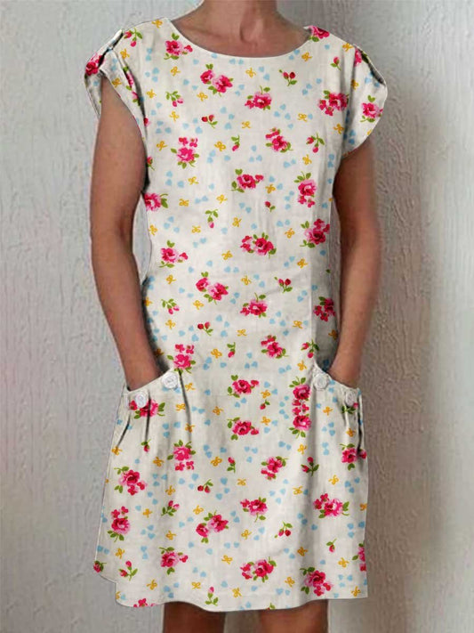 Women's Classic Floral Pattern Dress with Pockets