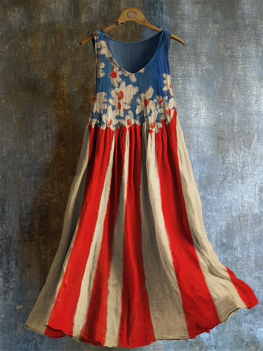 American Flag Inspired Floral Oil Painting Flowy Linen Dress artswardrobe