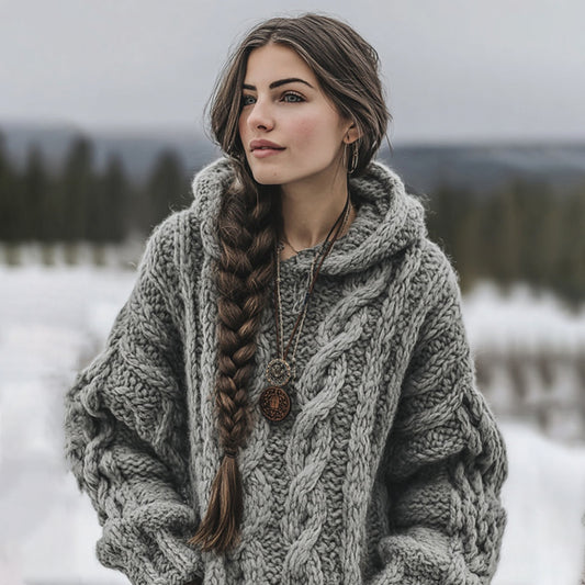 Women's Vintage Knit Aran Cozy Hooded Sweater elevenforest