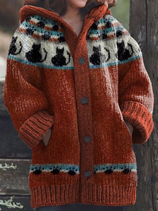Black Cats Pattern Cozy Knit Hooded Cardigan artswardrobe