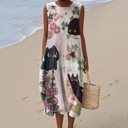 Comstylish Women's Floral Cat Art Print Cotton And Linen Crew Neck Dress