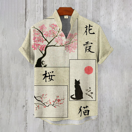 Japanese Cherry Blossom & Cat Print Men's Short Sleeve Shirt elevenforest