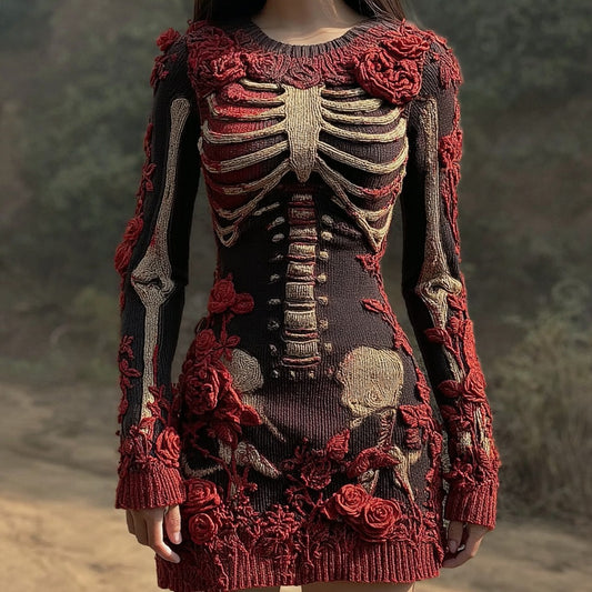 Comstylish Vintage Halloween Skeleton Art Knit Sweater Dress
