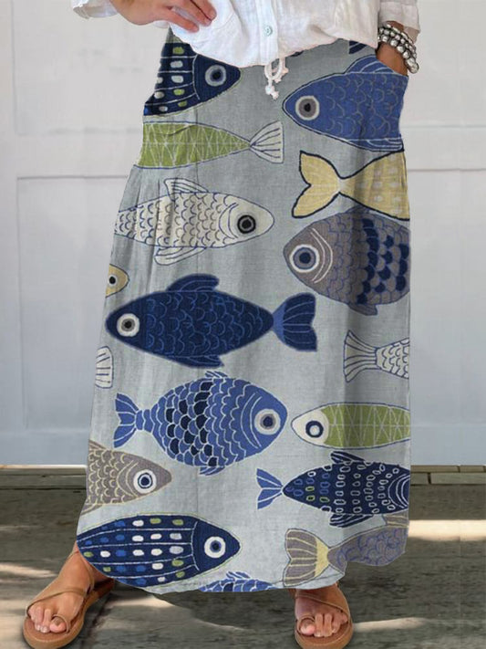 Simple Ink Painting Of Marine Animals And Fish Printed Women's Casual Cotton And Linen