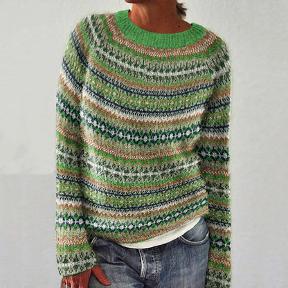 Vintage Icelandic Geometric Knit Pattern Women's Crew Neck Sweater elevenforest