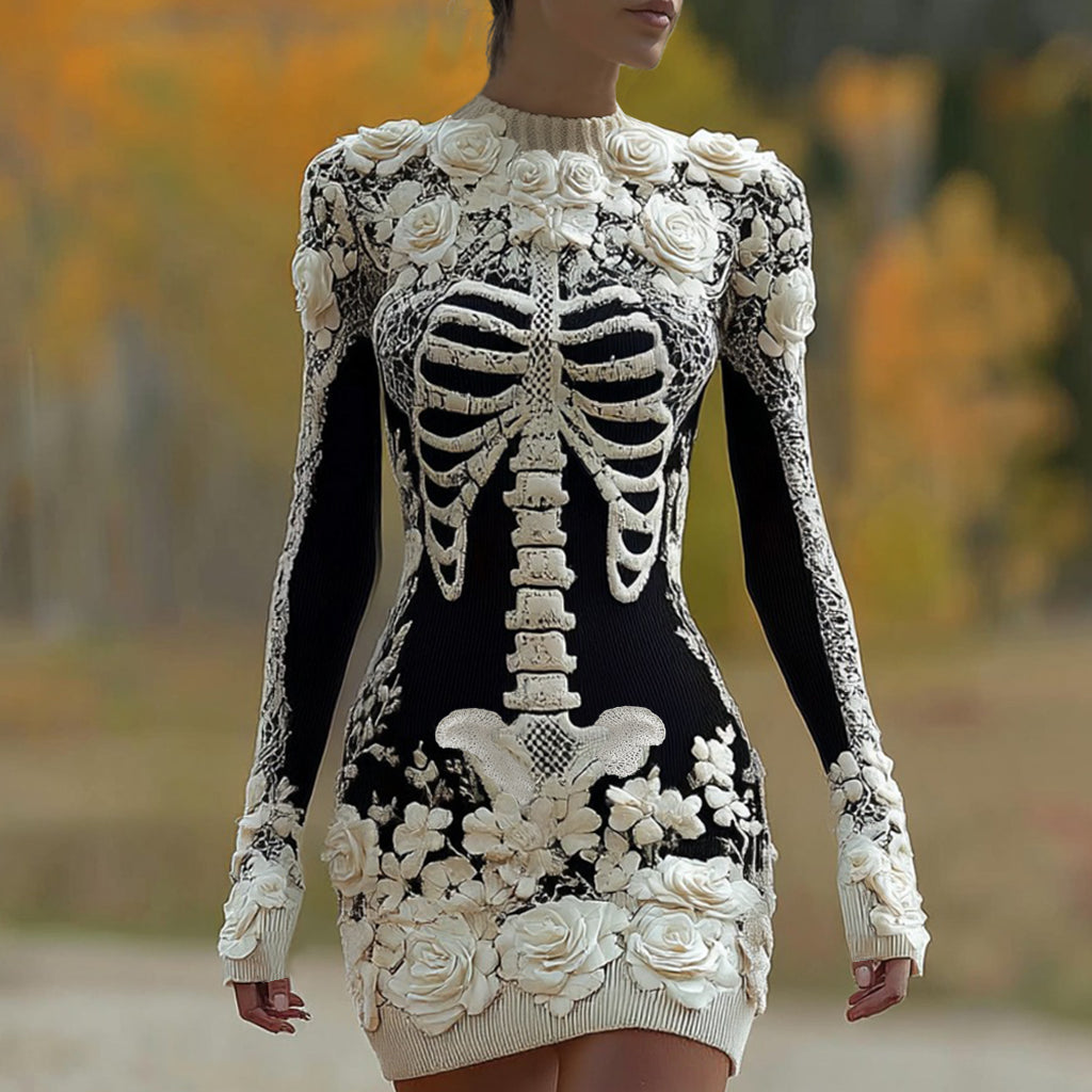 Comstylish Women's Halloween Skull Anatomy Rose Art Round Neck Knit Dress
