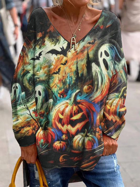 Women's Halloween Pumpkin Ghost Print V-Neck Sweatshirt artswardrobe
