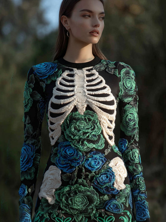Comstylish Women's Vintage Halloween Skeleton Bones With Rose Art Cozy Knit Mini Sweater Dress