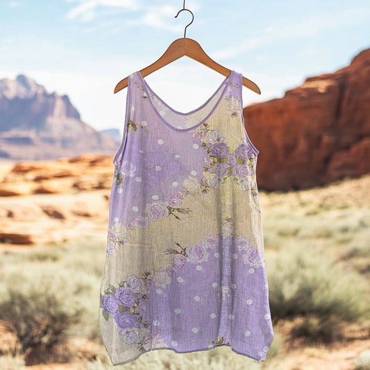 Women's Boho Purple Rose Polka Dot Art Linen Tank Top artswardrobe