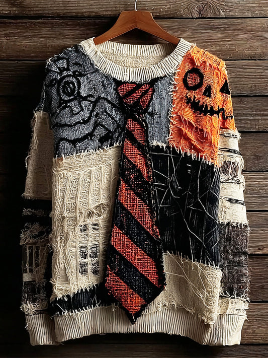 Halloween Embroidered Tie Patchwork Women's Knit Crewneck Sweater artswardrobe