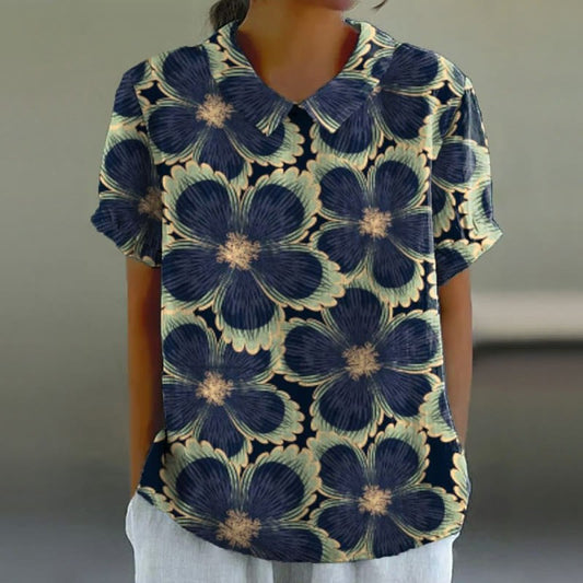 Comstylish Floral Print Lapel Short Sleeve Blouse