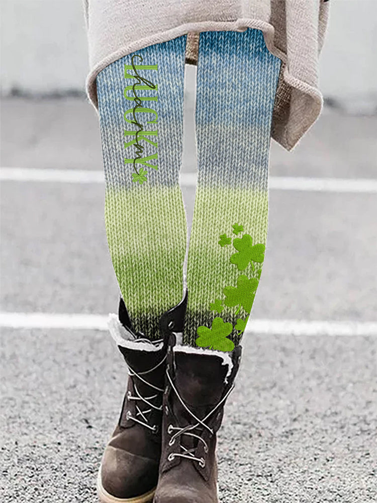 Lucky Clover Embroidered Gradient Knit Cozy Leggings artswardrobe