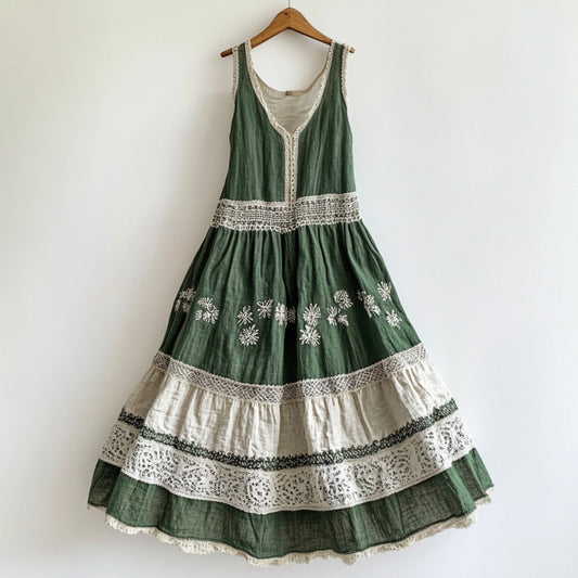 Vintage Lace Flowers Art Linen V Dress artswardrobe