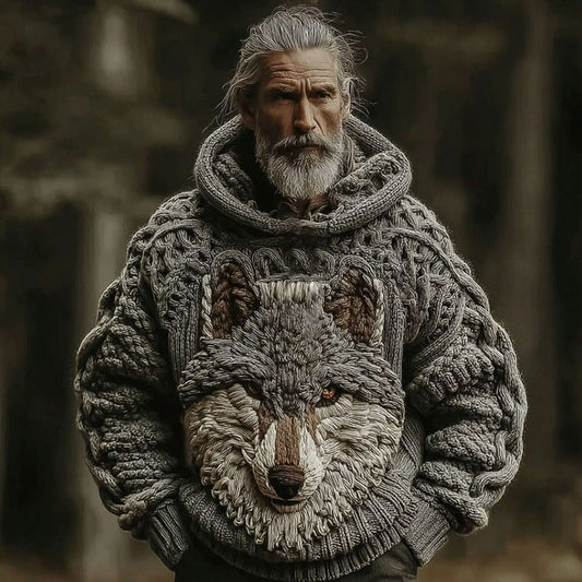 Men's Retro Celtic Knot Wolf Head Pattern Comfortable Knit Hoodie elevenforest