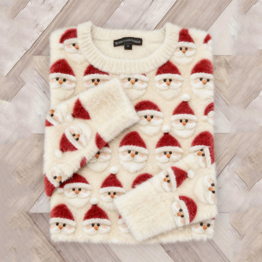 Comstylish Vintage Christmas Santa Claus Embroidered Plush Sweater