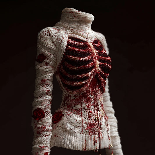Comstylish Classy Skeleton Anatomy Bloody Roses Turtleneck Sweater