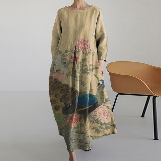 Comstylish Vintage Japanese Peacock  Art Long Sleeve Midi Dress