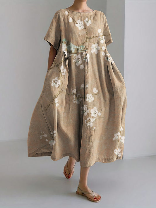 Comstylish Bird on Plum Blossom Branches Japanese Linen Blend Maxi Dress