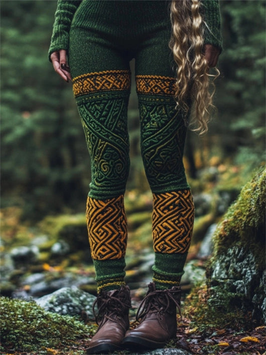 Vintage Celtic Contrast Color Cozy Knit Leggings elevenforest