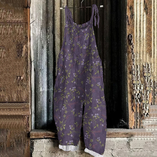 Women's Bohemian Style Floral Linen Print Cotton Linen Jumpsuit artswardrobe